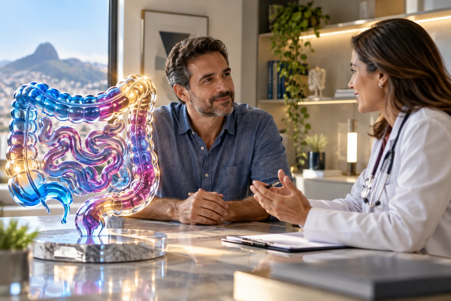 Conversa em consulta e escultura em vidro que representa o intestino