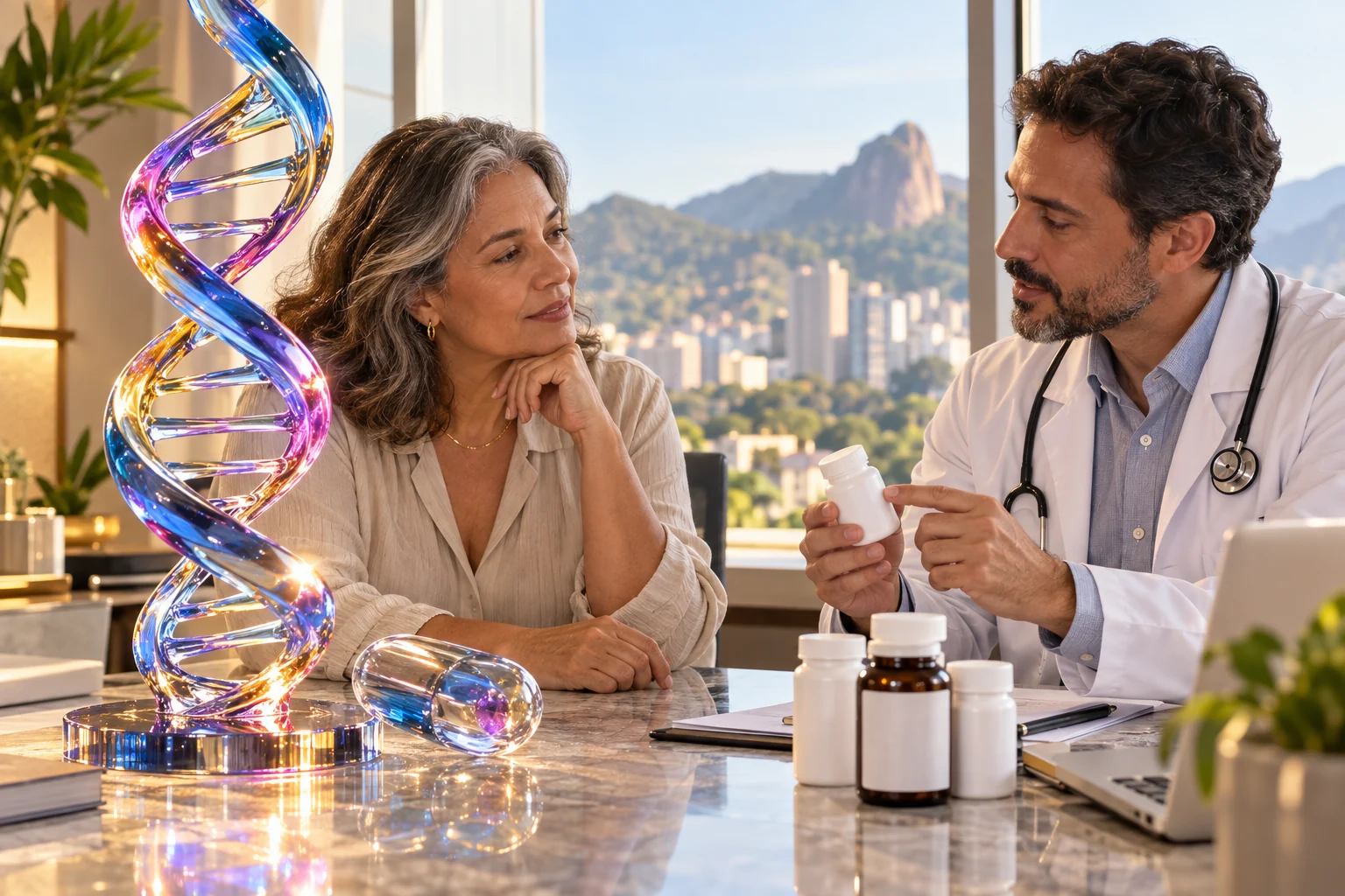 Conversa sobre medicamentos com ilustração de DNA em liquid glass