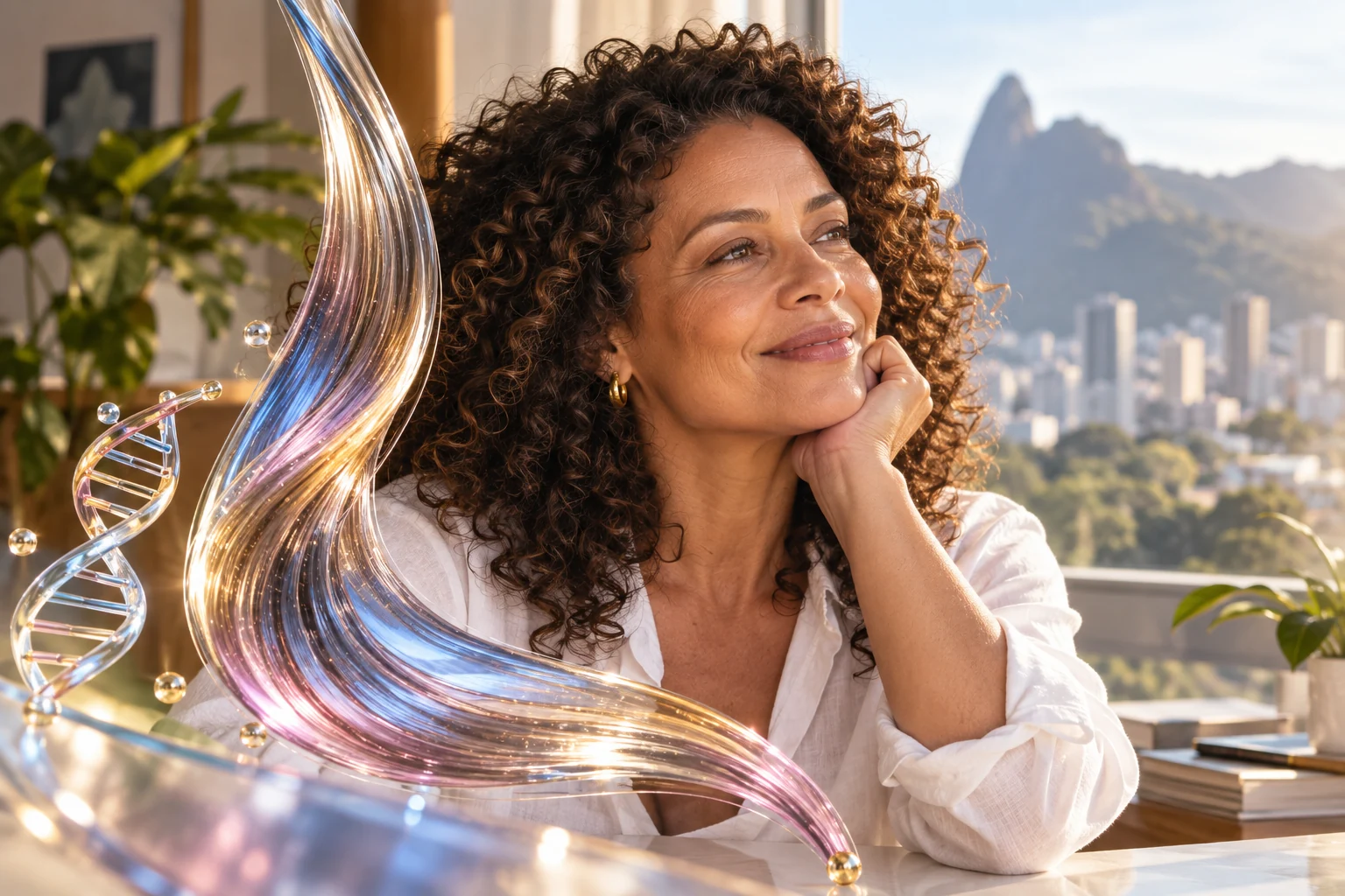 Retrato de mulher com cabelos naturais e fios ilustrados em vidro